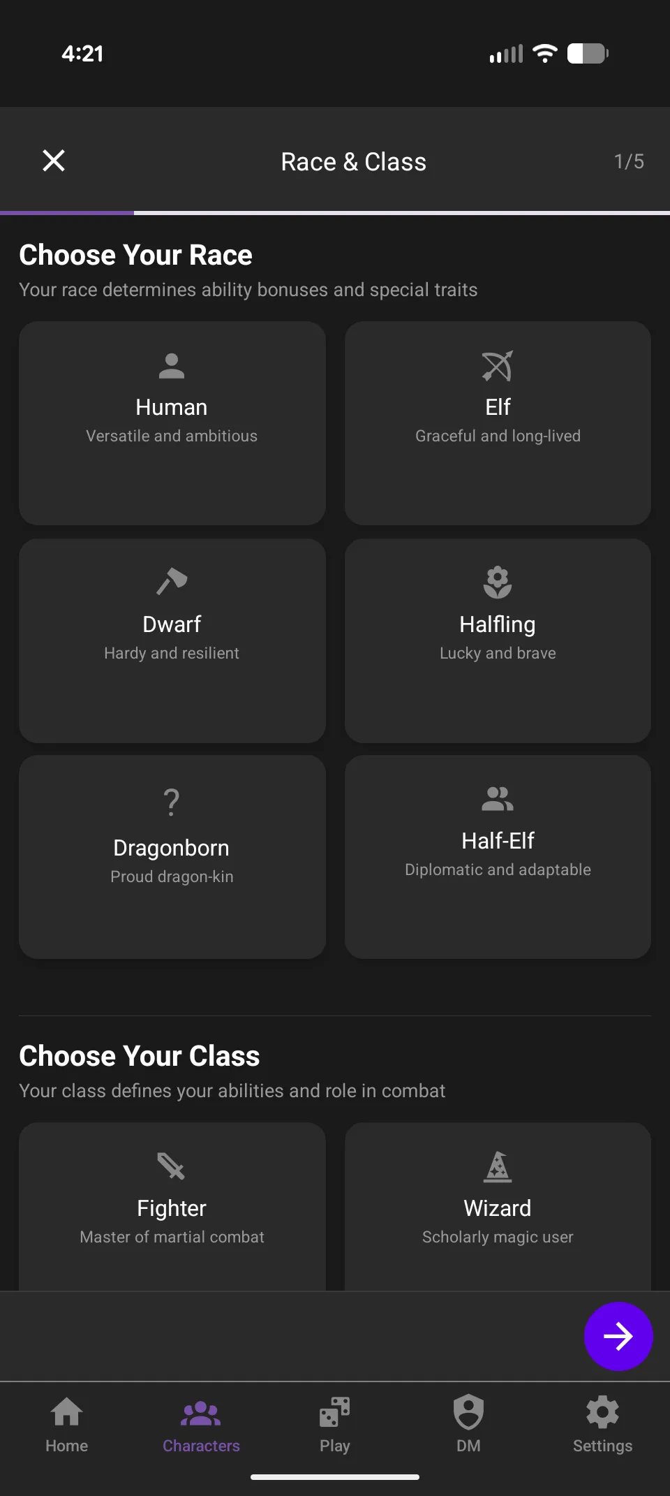 Character Creation — Race and Class selection